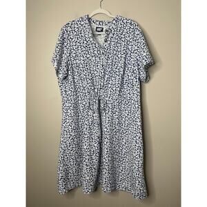 Lands End Dress 1X Blue White Floral Tie Cinched Waist Coastal Preppy Button